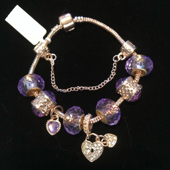 NWT Purple Austrian Crystal Bead Bracelet & Heart - Picture 3 of 8